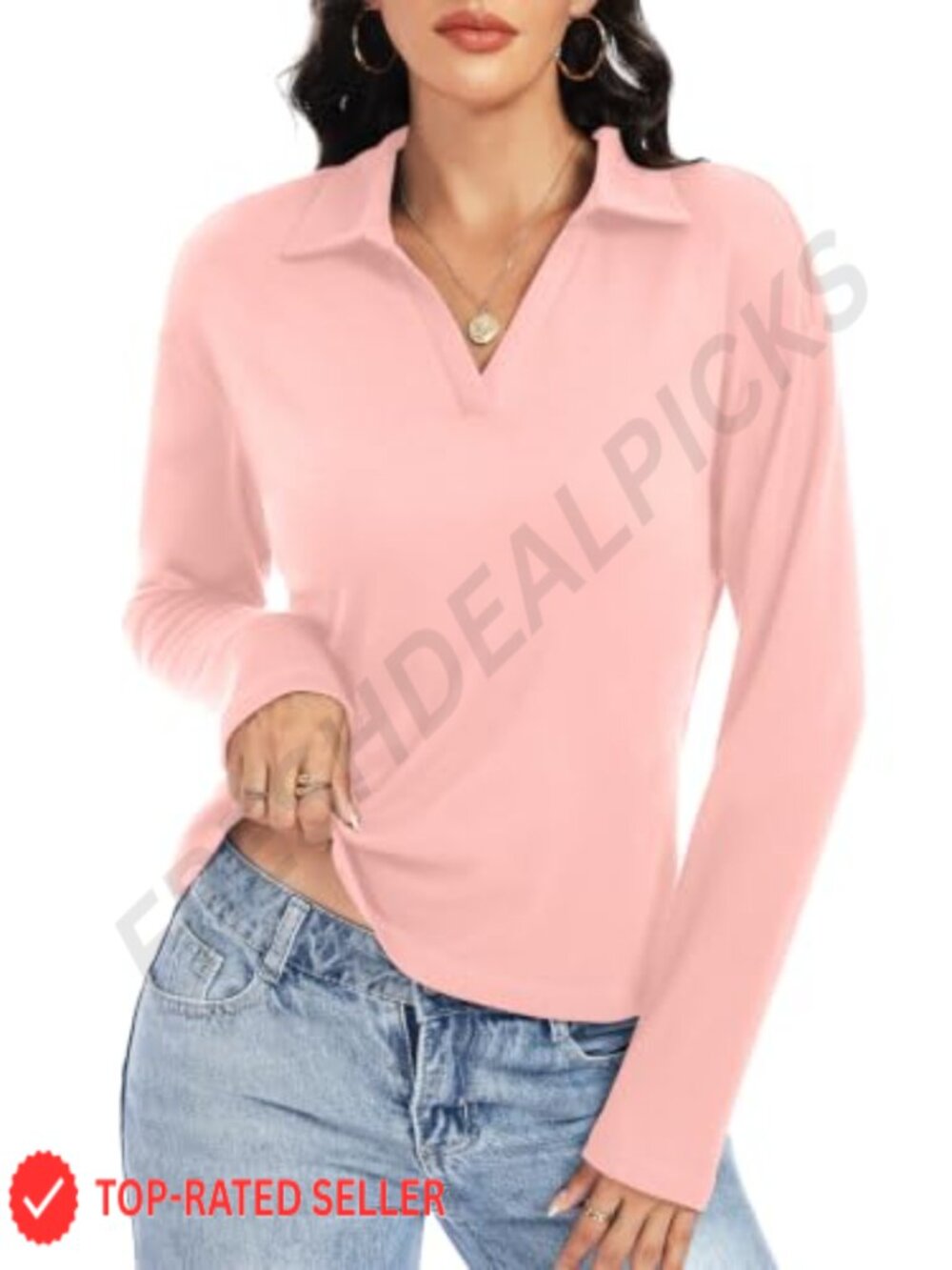 Women's Long Sleeve Crop Top Collared V Neck T Shirt Polo Shirt